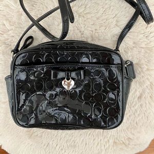 Coach Bow and Heart Black Patent Embossed C's Logo Leather bag